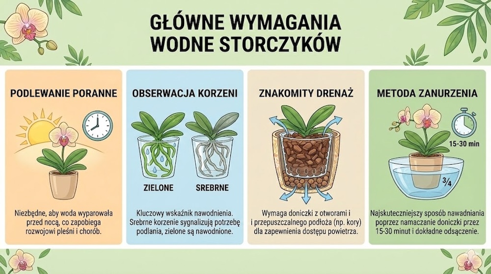 jak podlewać storczyki - zasady jak podlewać storczyki - wymagania wodne