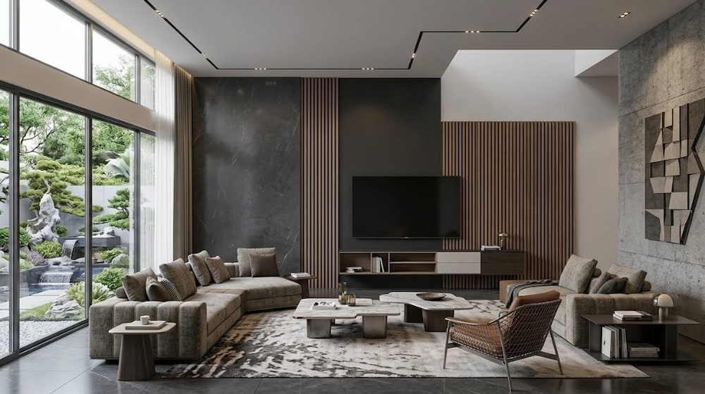 ściana telewizyjna z lamelami i kamieniem 