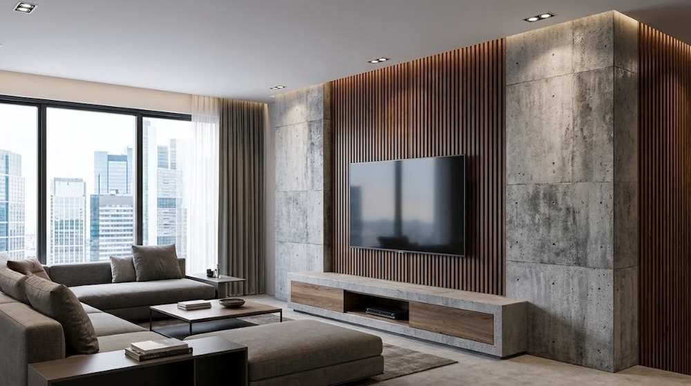 ściana telewizyjna z lamelami i betonem 