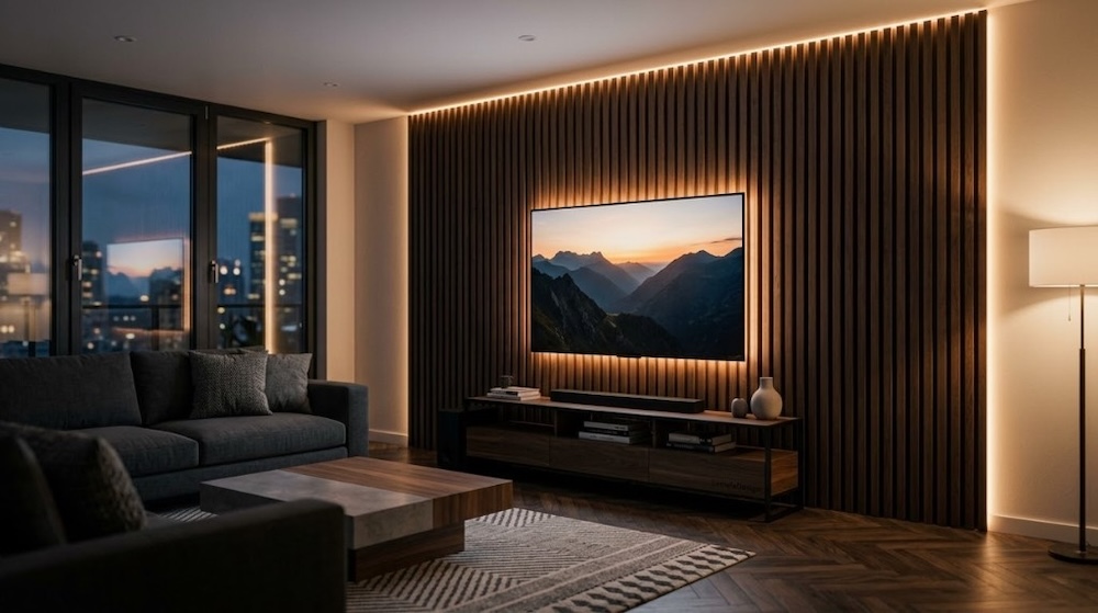 lamele na ścianie tv z ledami 