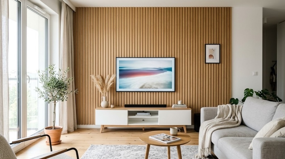 lamele na ścianie tv w minimalistycznym stylu 