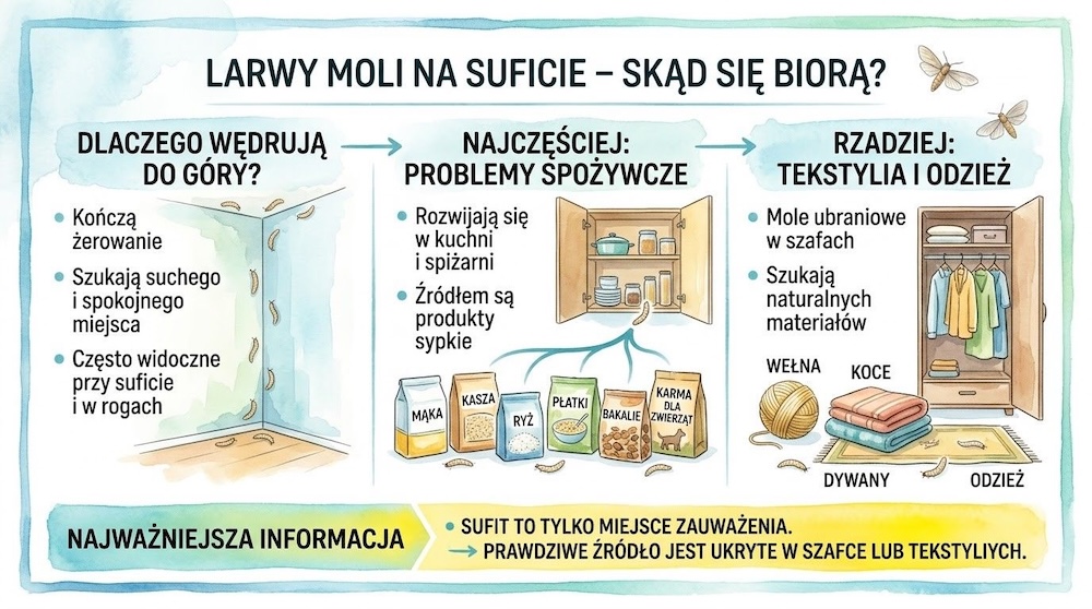 larwy moli na suficie - co oznaczają larwy moli na suficie - skąd wychodzą