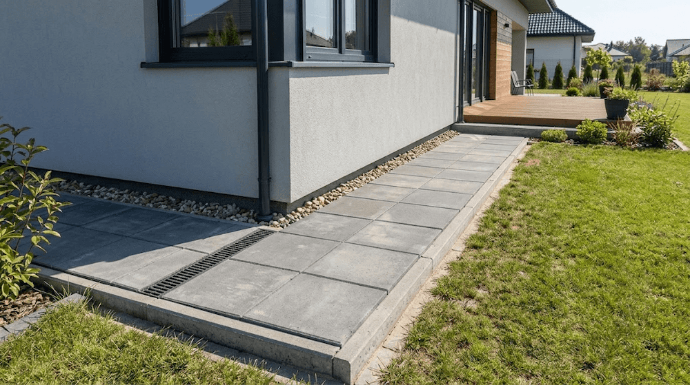 opaska z betonowych płyt chodnikowych opaska dookoła domu z dużych płyt chodnikowych