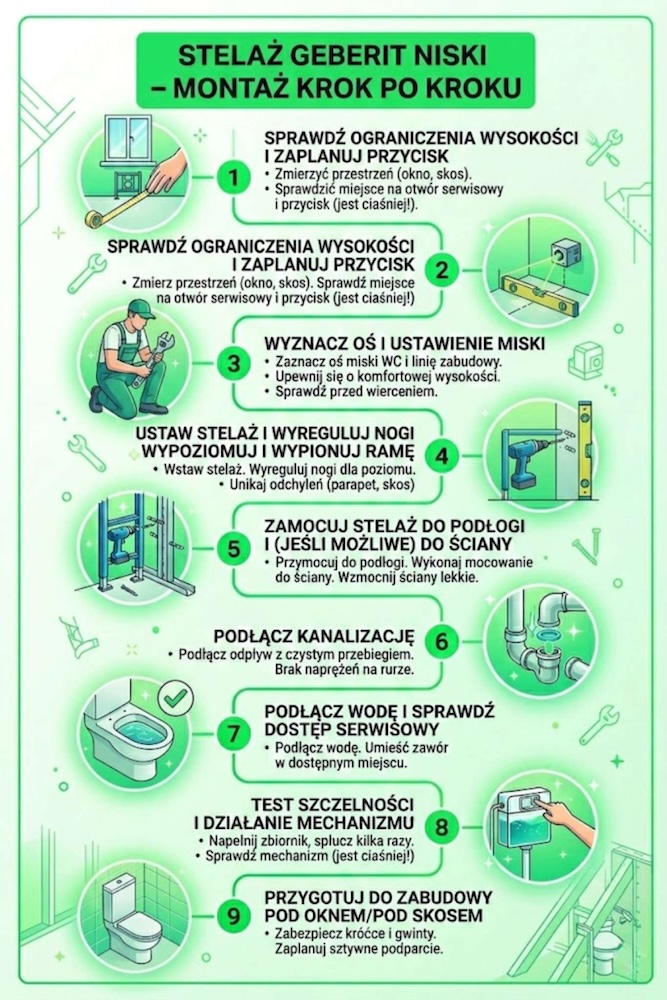 niski stelaż geberit - montaż montowanie niskiego stelaża geberit