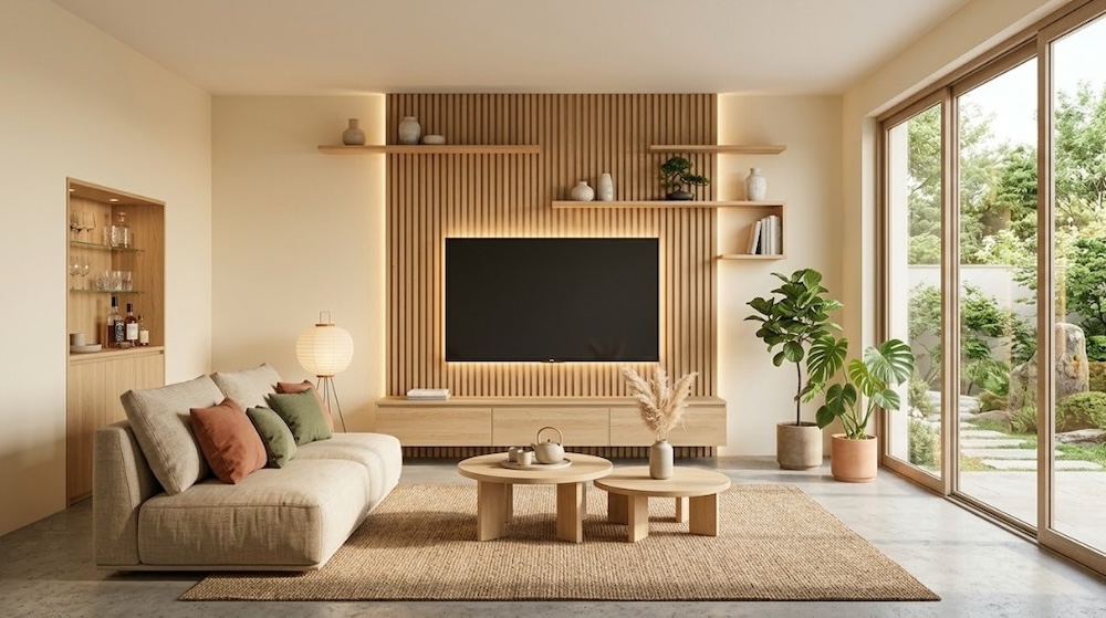 strefa tv z lamelami w stylu japandi 