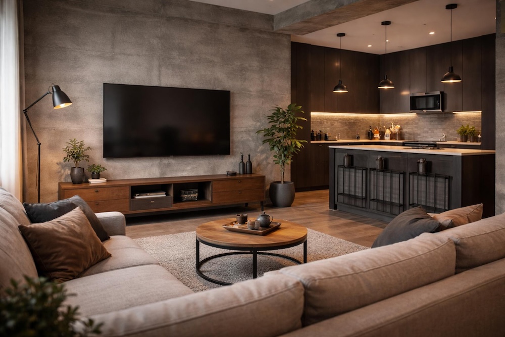 industrialny salon z telewizorem i kuchnią 