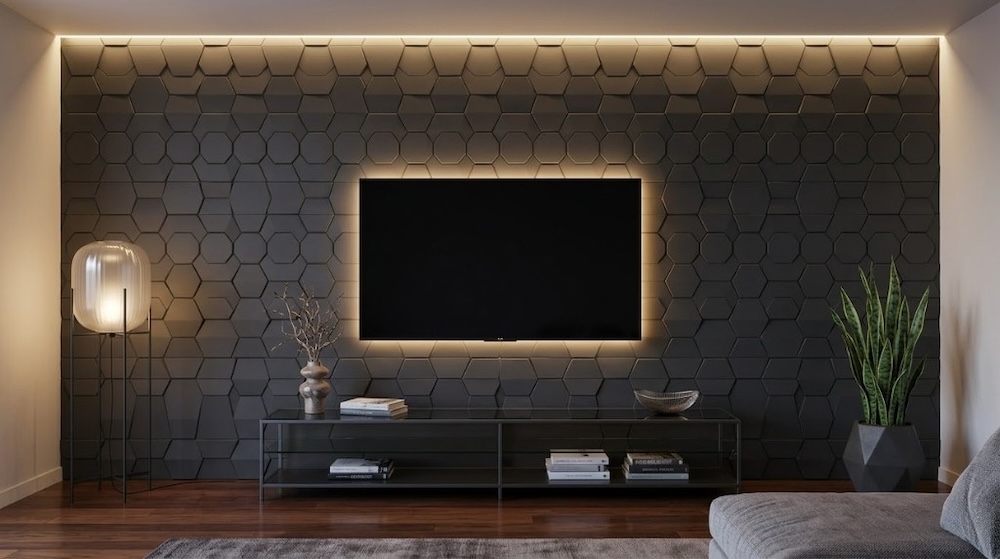 tapeta 3d w salonie w strefie telewizyjnej tapeta z efektem 3d za telewizorem