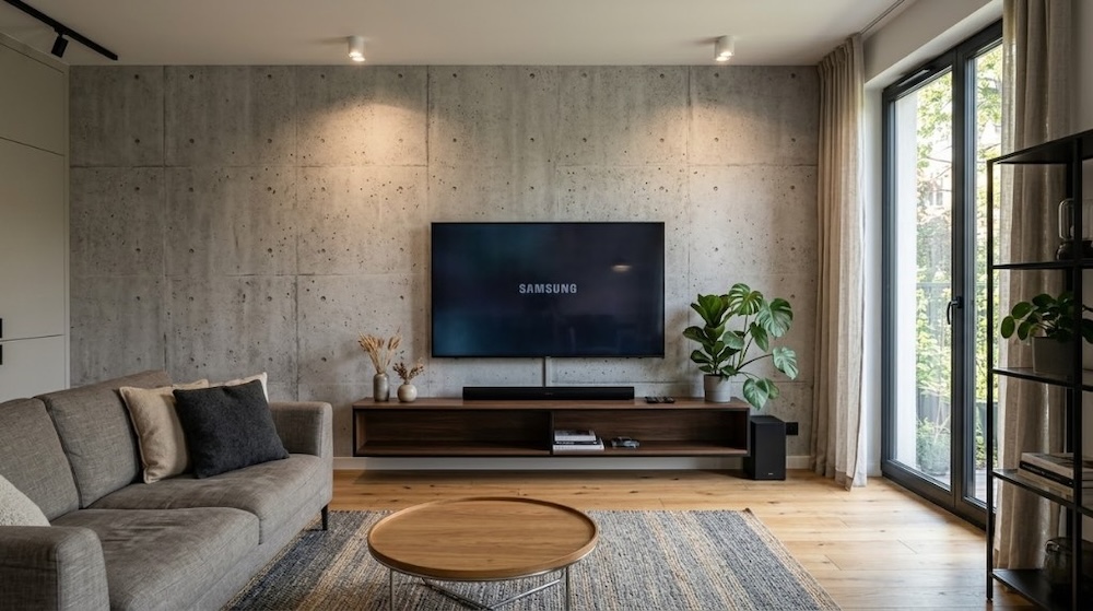 tapeta w salonie na jednej ścianie z telewizorem - surowy beton tapeta w salonie na jednej ścianie z telewizorem imitująca beton