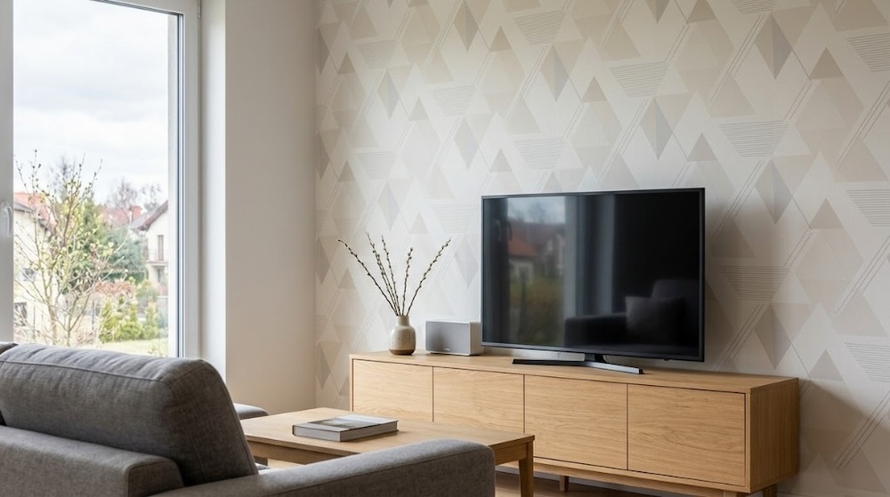 tapeta w salonie na jednej ścianie z telewizorem - jasny wzór geometryczny tapeta w salonie na jednej ścianie z telewizorem - delikatny wzór