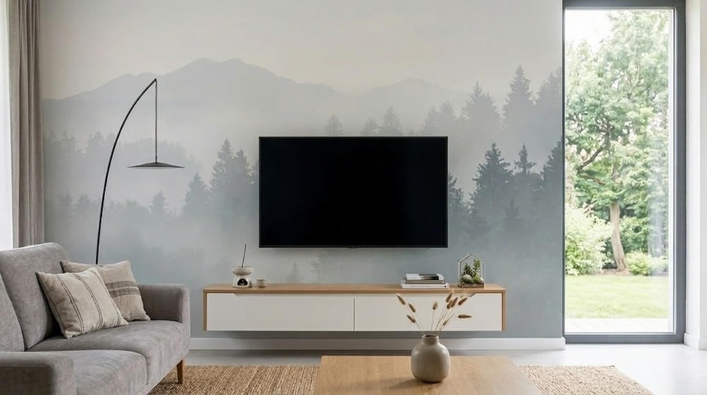 tapeta w salonie na jednej ścianie z telewizorem - drzewa tapeta w salonie na jednej ścianie z telewizorem - las