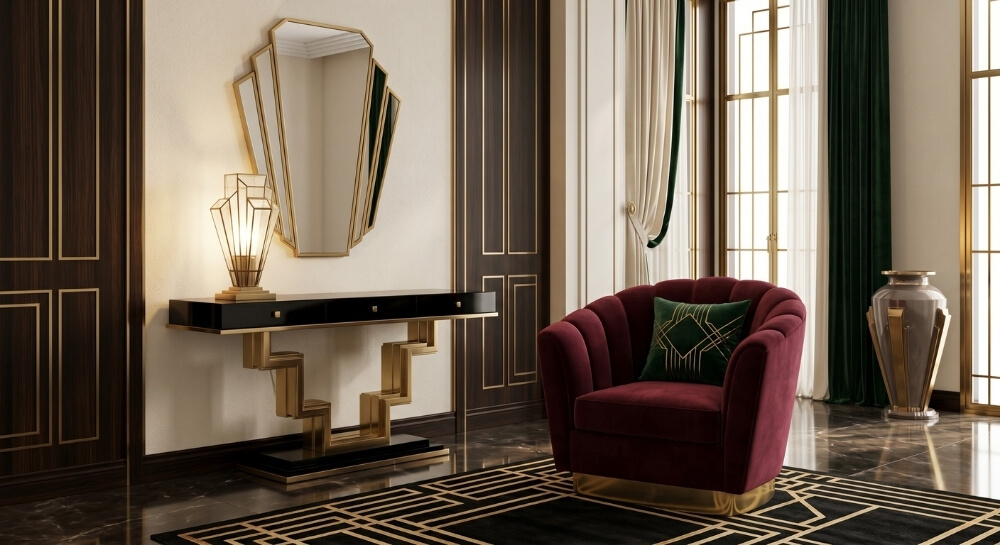 Luksusowe style wnętrz w wydaniu art deco z burgundowym fotelem