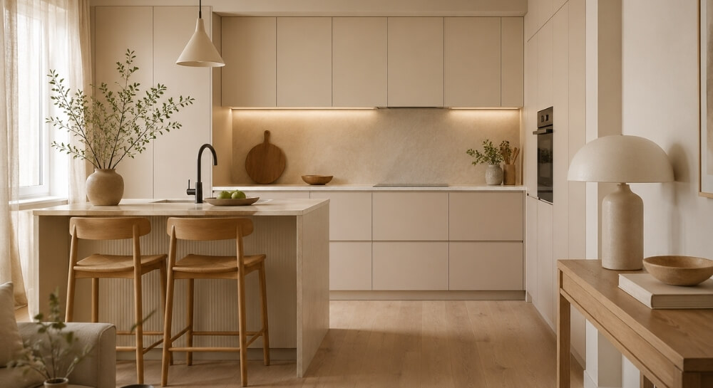 Nowoczesna kuchnia z beżową zabudową i jasnym drewnem przy wyspie