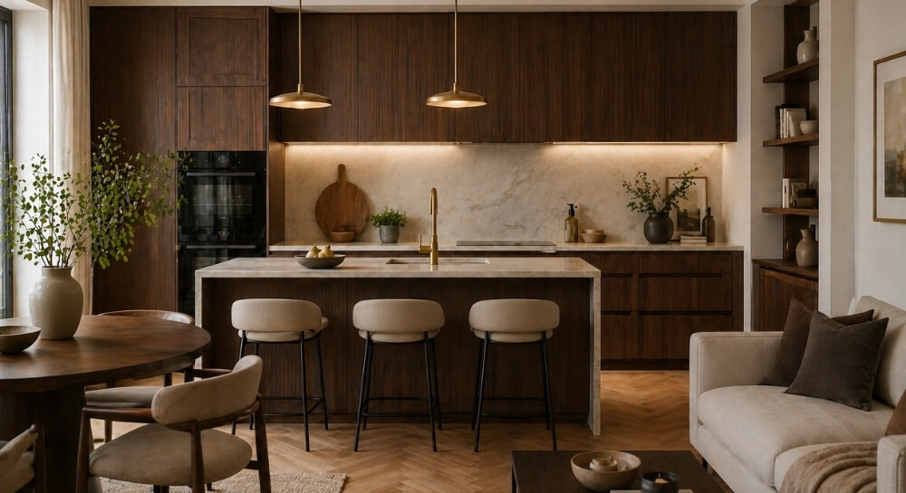 Kuchnia z zabudową w kolorze ciemnego orzecha i jasnym kamieniem jako kolor do kuchni