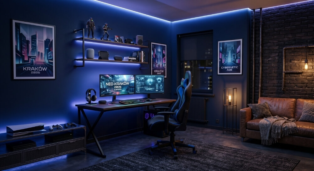 Granatowy pokój gamingowy dla nastolatka z nastrojowym oświetleniem LED
