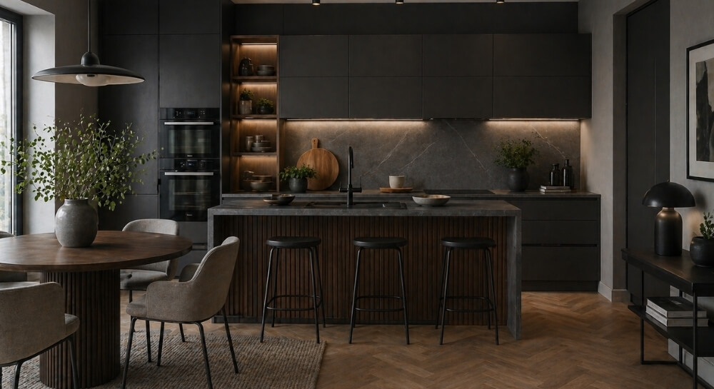 Nowoczesna kuchnia z grafitowymi frontami i podświetleniem LED jako kolor do kuchni