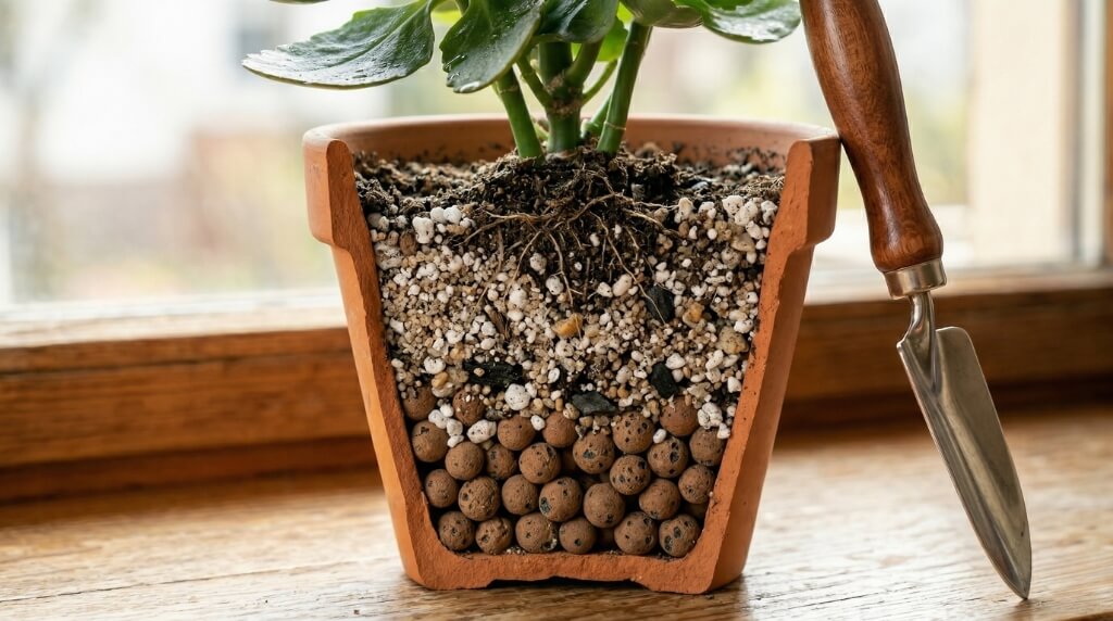 warstwa drenażu dla kalanchoe w donicy przekrój ziemi dla kalanchoe