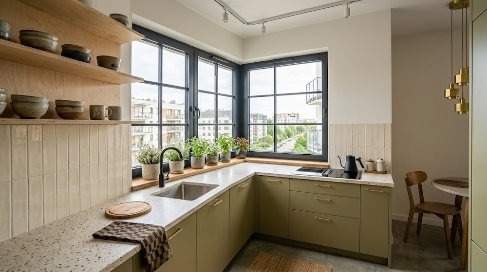 mała kuchnia z oknem w bloku 
