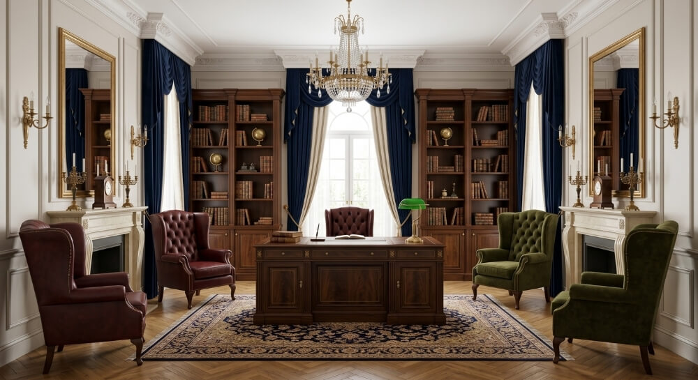 Elegancki gabinet w stylu klasycznym z drewnianą zabudową biblioteczną i pikowanymi fotelami