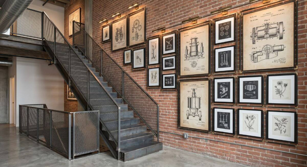 Klatka schodowa w domu z galerią na ścianie