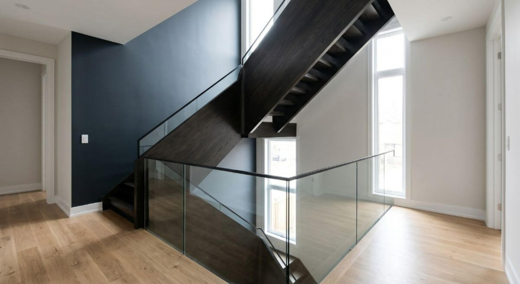 Klatka schodowa - inspiracje z kontrastującą ścianą