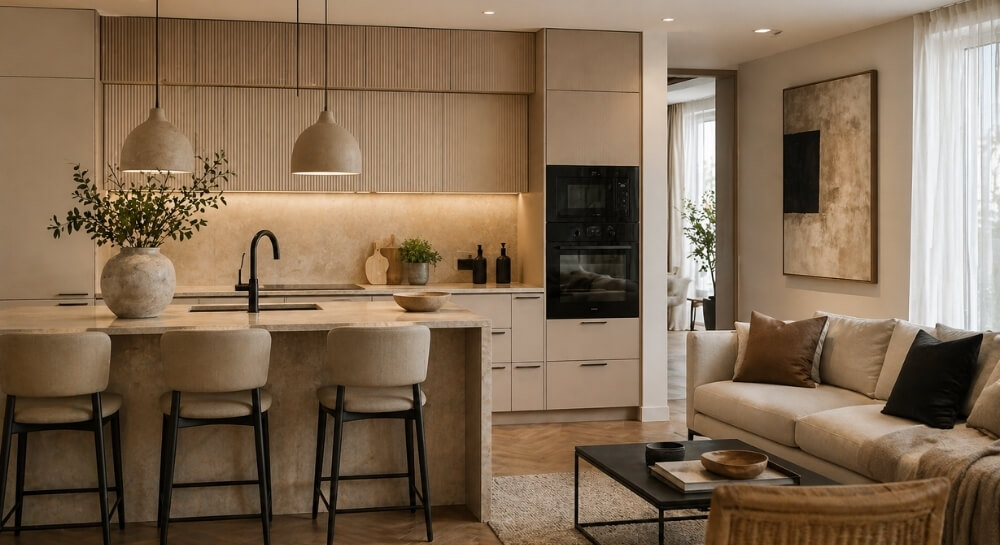 Jasna kuchnia z beżową ścianą, drewnianymi frontami i wyspą z kamienia