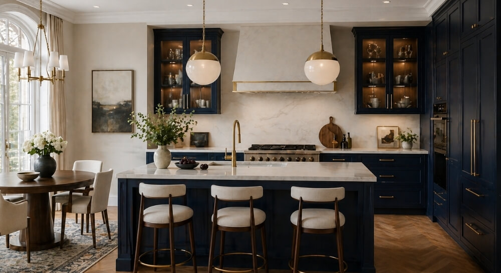 Stylowa kuchnia z granatowymi frontami, marmurem i złotymi lampami