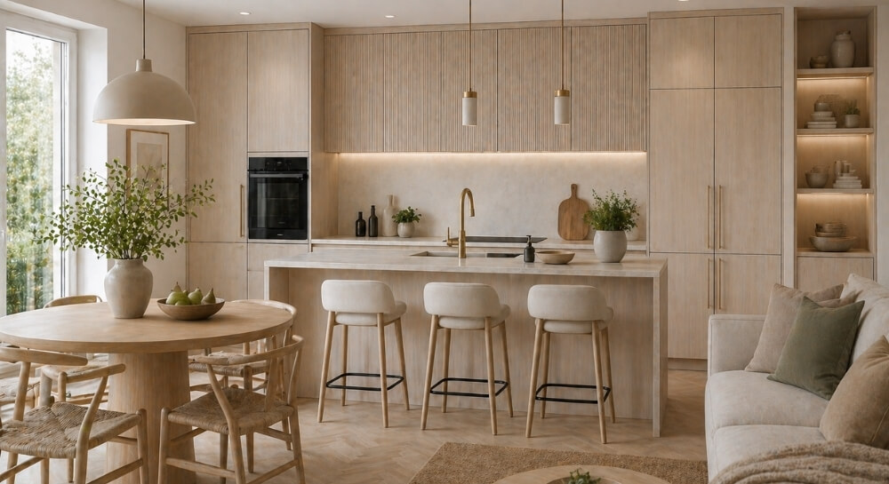 Jasna kuchnia z frontami z bielonego dębu i dużą ilością światła dziennego