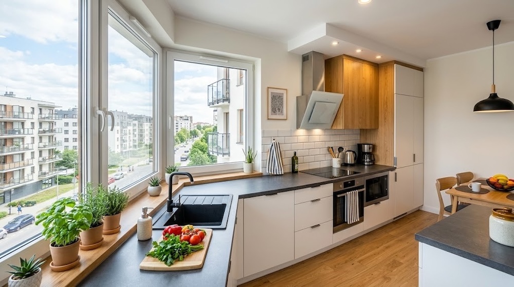 nowoczesna kuchnia w bloku z oknem 