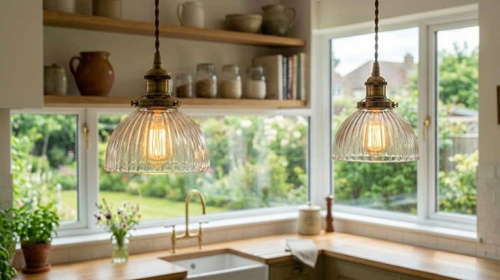 kuchnia z oknem narożnym i lampami 