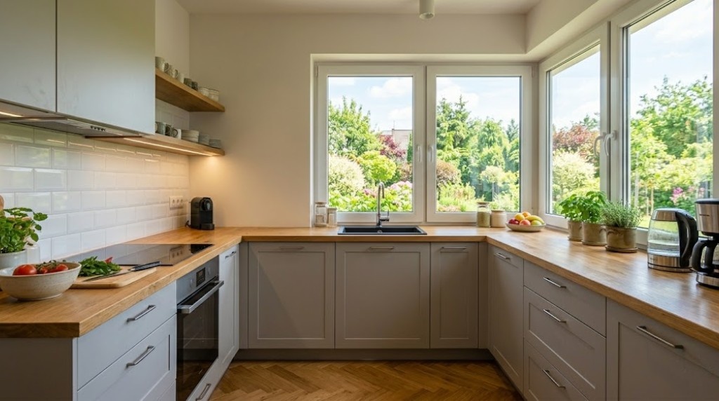 kuchnia z oknem narożnym nad blatem z szafkami 