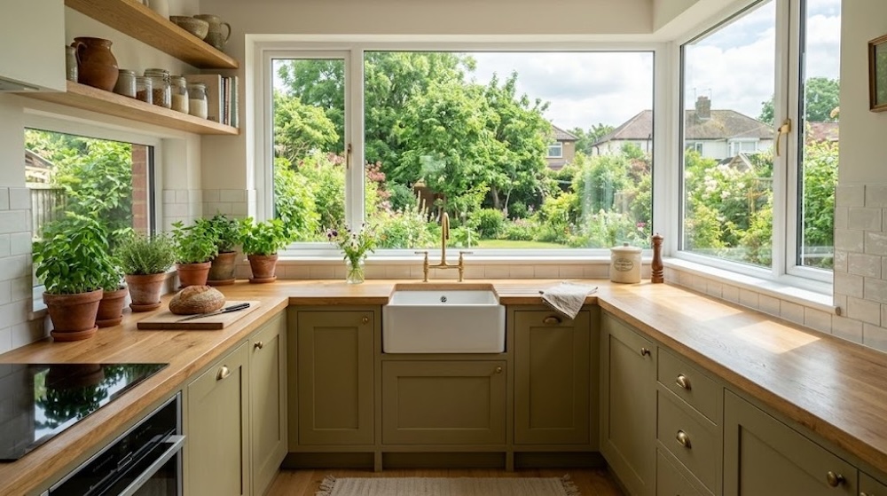 kuchnia z oknem narożnym i zielonymi szafkami 