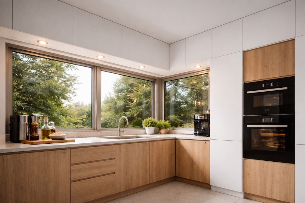 kuchnia z oknem narożnym i nowoczesną zabudową 