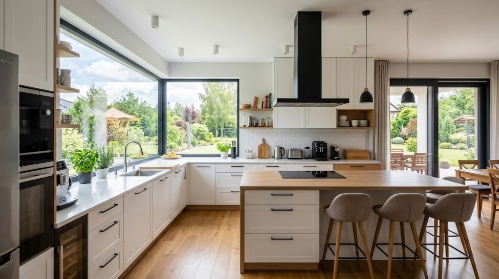 kuchnia z oknem narożnym i wyspą 