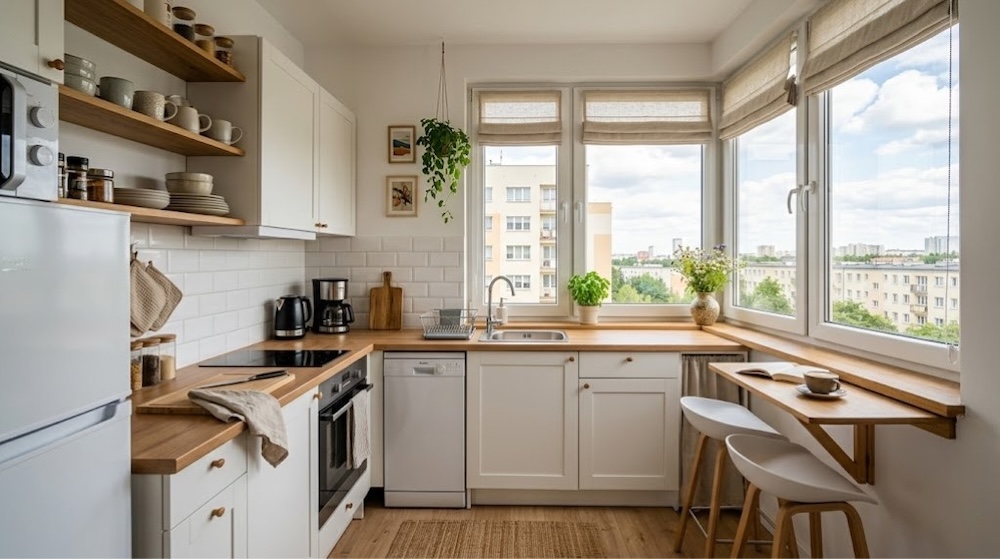 biała kuchnia w bloku z oknem 