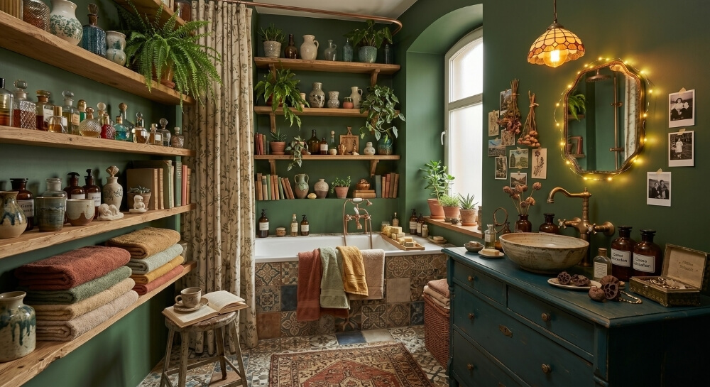 łazienka z otwartymi szafkami i półkami