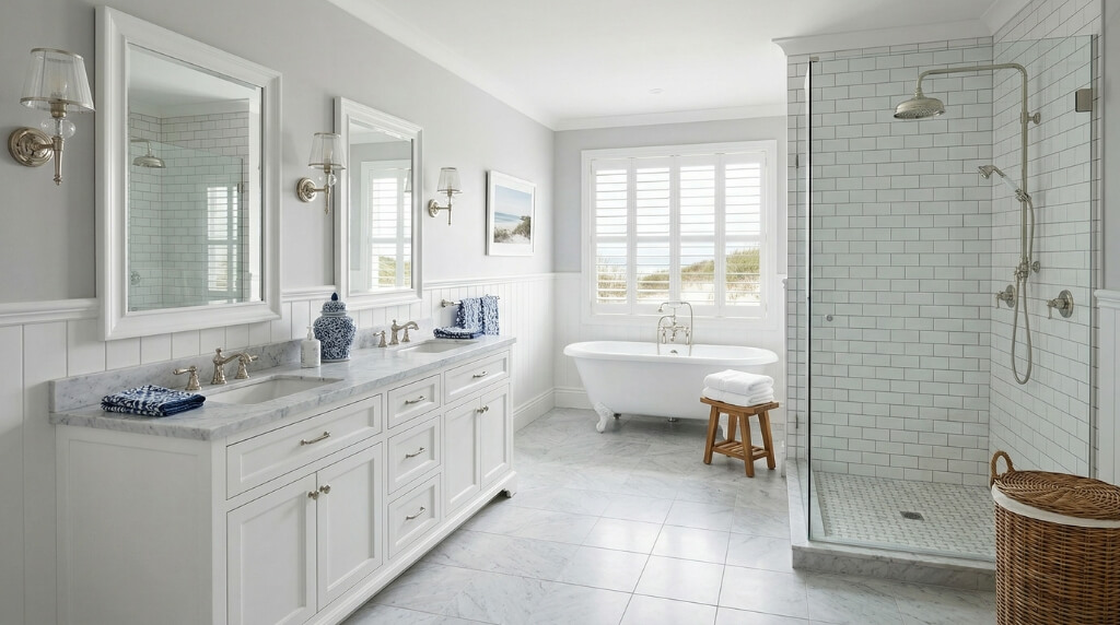 styl hampton w jasnej łazience styl hampton w toalecie