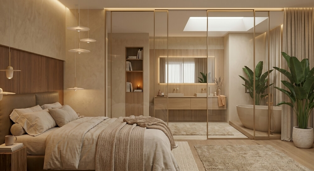 sypialnia połączona z łazienką za szkłem