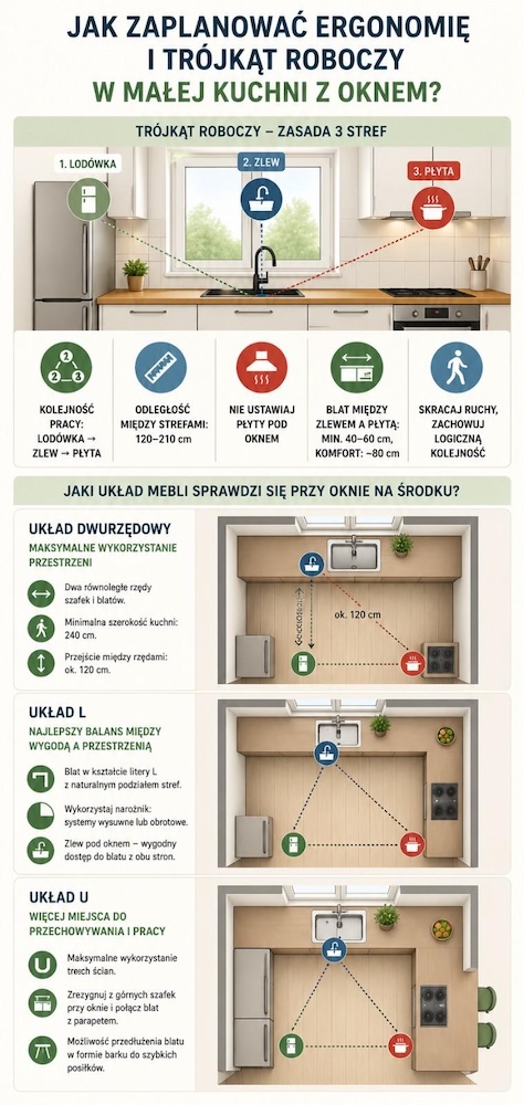 mała kuchnia z oknem na środku - ergonomia 