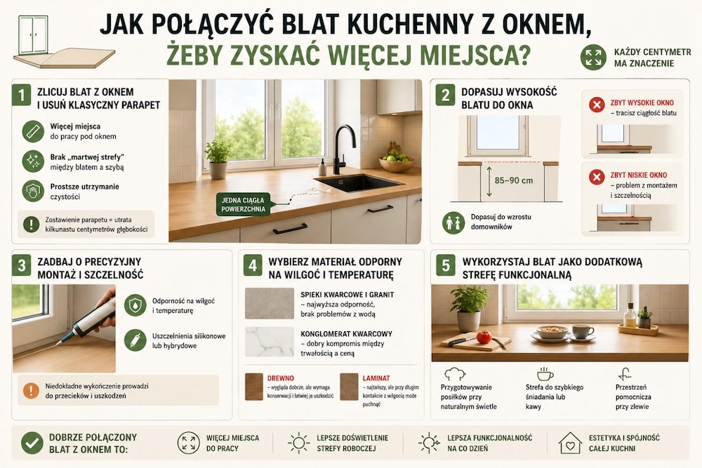 mała kuchnia z oknem na środku - jak scalić z blatem 
