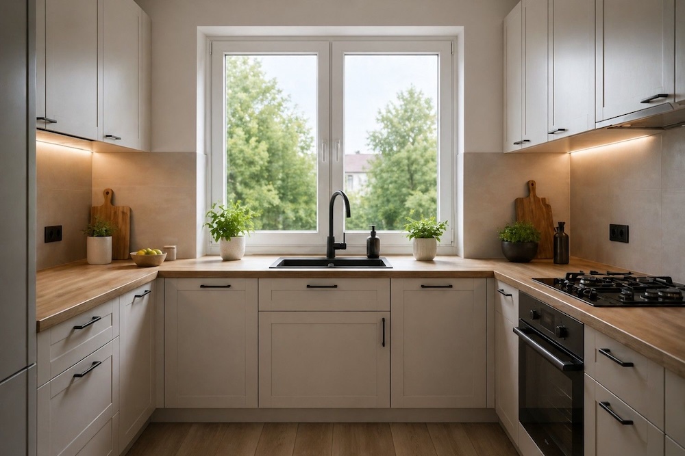 mała kuchnia z oknem na środku i czarnym zlewem 