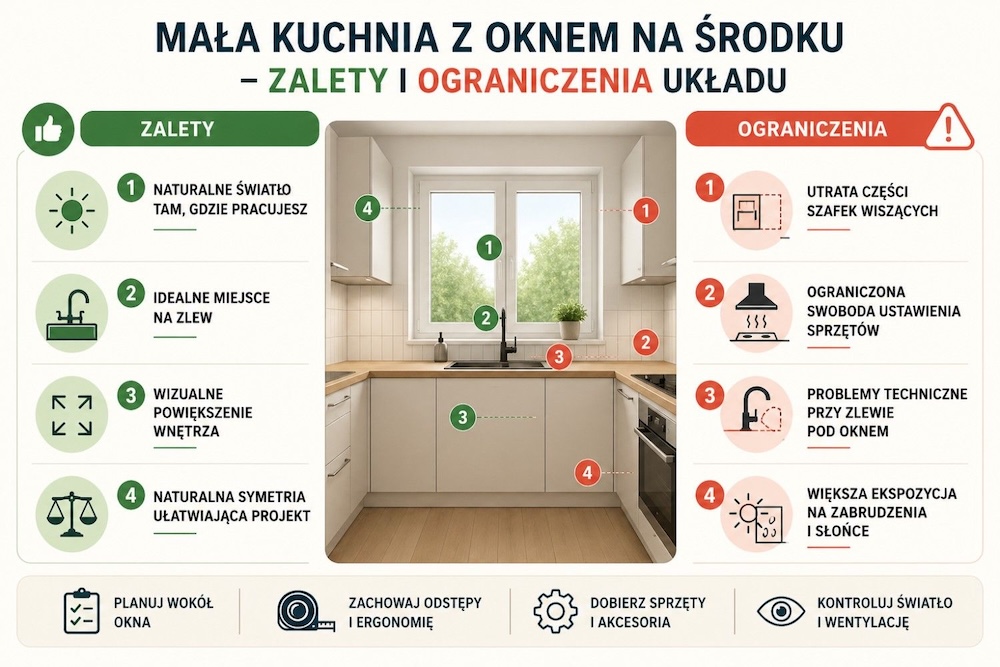 mała kuchnia z oknem na środku - wady 