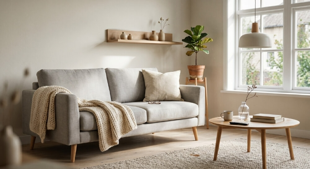 Jasny salon skandynawski z szarą kanapą i plecionym kocem, reprezentujący popularne style wnętrz