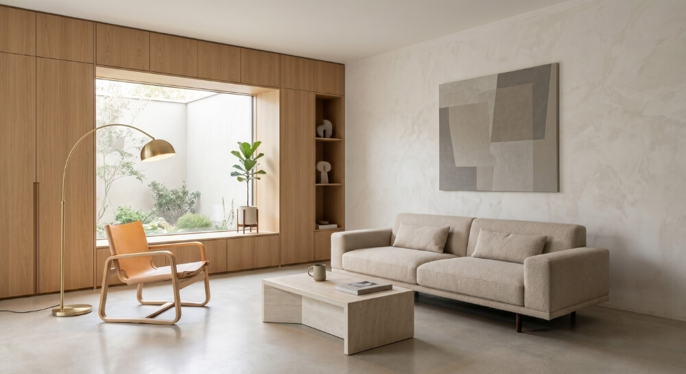 Jasny pokój z gładką drewnianą zabudową okna i skórzanym fotelem