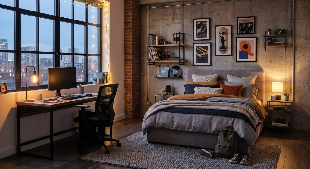 pokoje nastolatków – inspiracje w stylu soft industrial z surową, betonową ścianą
