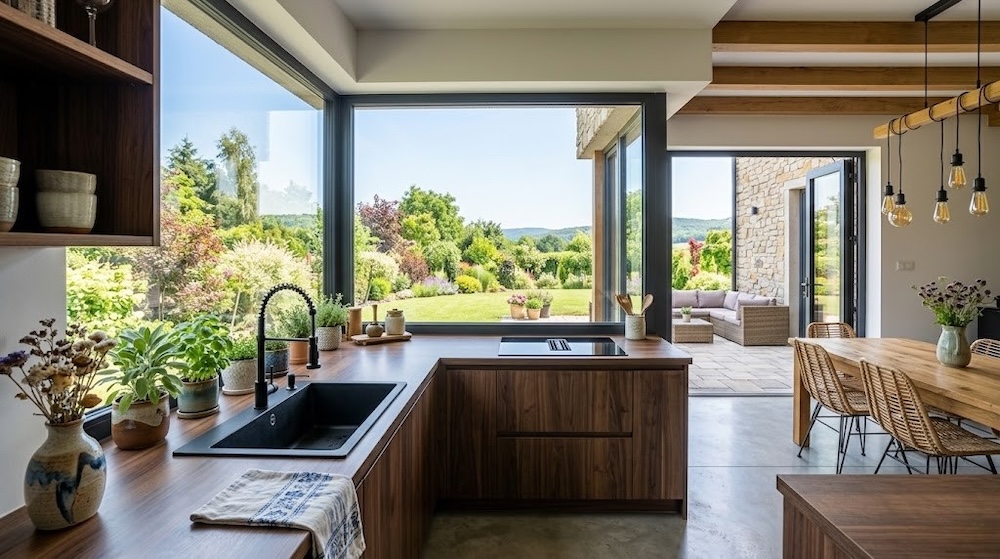 elegancka kuchnia z widokiem na ogród 