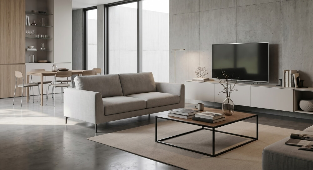 Jasnoszara sofa i niski stolik kawowy w nowoczesnym salonie na tle ściany z betonu architektonicznego