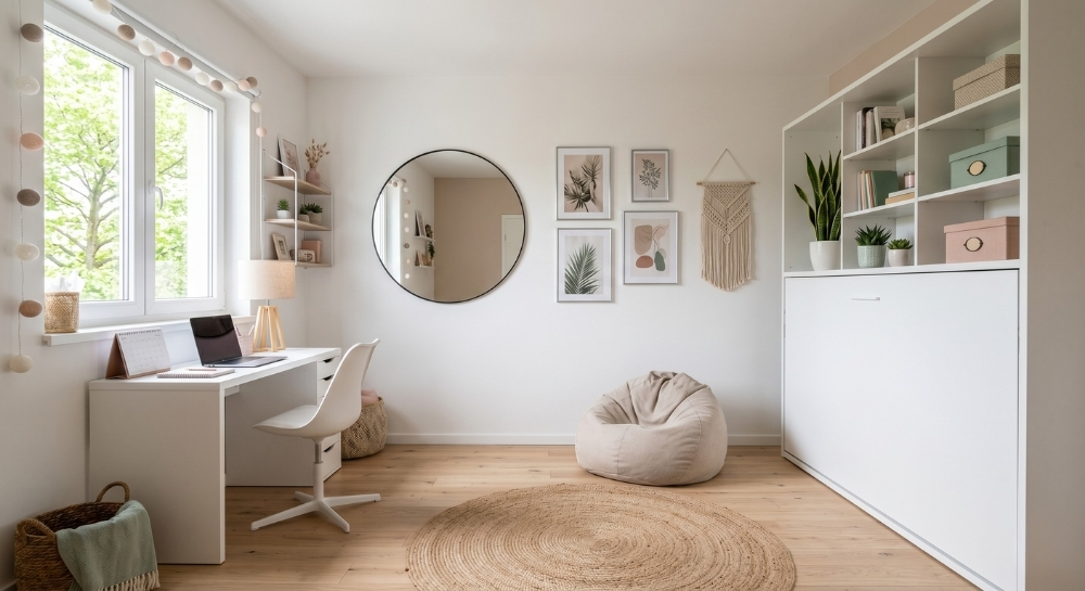 Bardzo jasny pokój dla dziewczyny z białym półkotapczanem w zabudowie