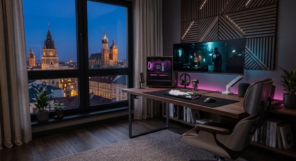 Luksusowy pokój gracza z biurkiem z ciemnego drewna