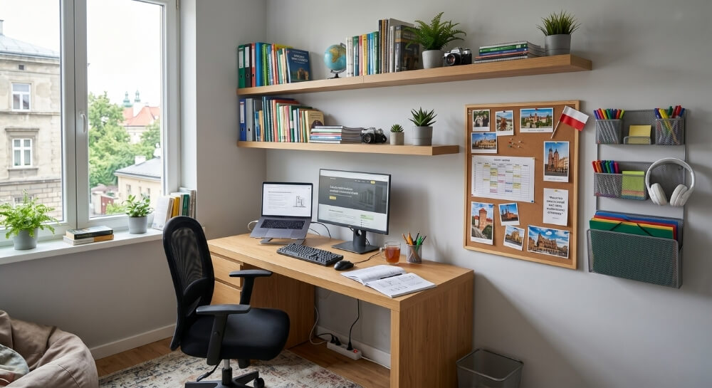 Funkcjonalne biurko w pokoju nastolatka z dużą tablicą korkową