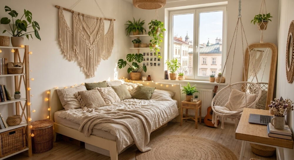 Pokój nastolatki w stylu boho z makramą na ścianie